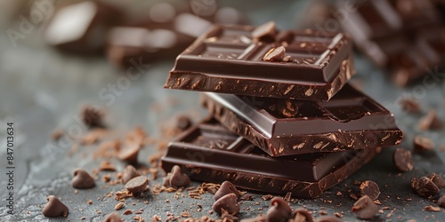 a pile of chocolate bars with chocolate chips scattered around it on a table top