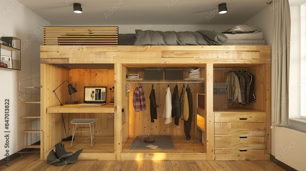 Illustration of Compact Apartment Furniture With Built-In Bunk Beds And Storage