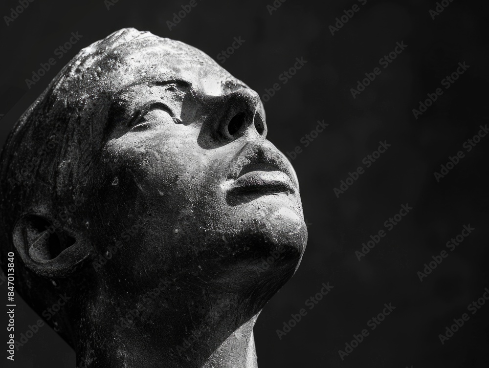 A classic black and white photograph of a statue depicting a male figure A classic black and white photograph of a statue depicting a male figure