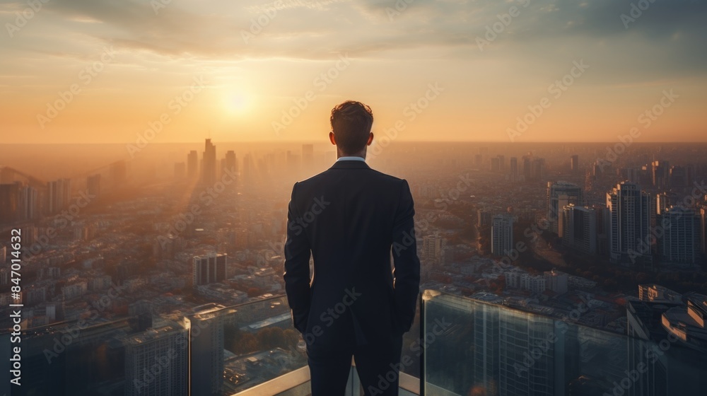 A person standing on the edge of a cityscape, looking out at the view A person standing on the edge of a cityscape, looking out at the view
