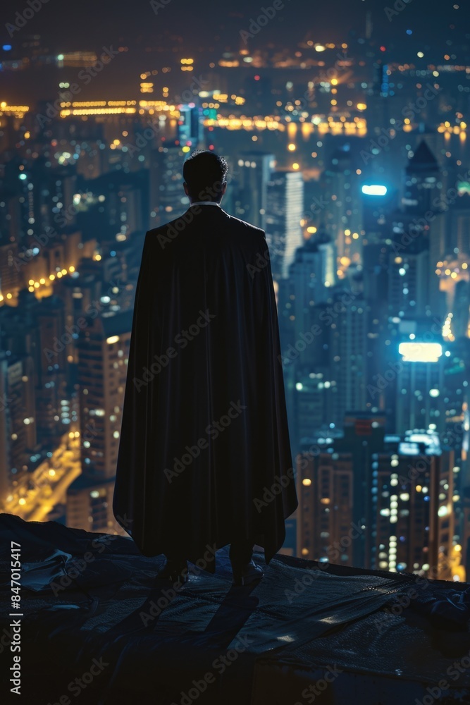 A person wearing a cape stands at the edge of a rooftop, looking out into the distance A person wearing a cape stands at the edge of a rooftop, looking out into the distance
