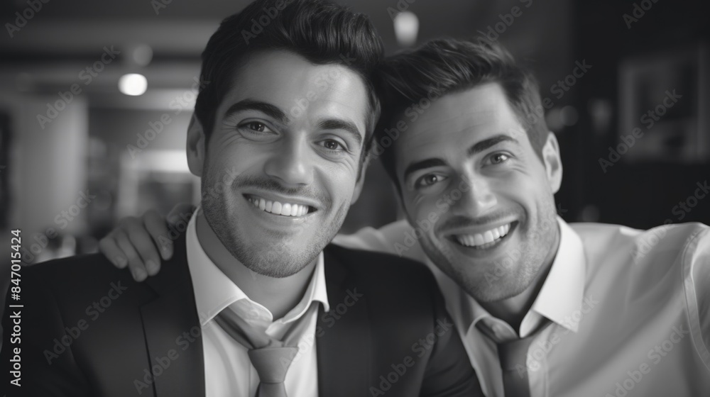 Two males standing side by side, possibly friends or colleagues Two males standing side by side, possibly friends or colleagues