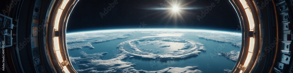 View from the eluminator window to planet earth from a spaceship. Futuristic space station corridor overlooking a vibrant alien planet. View from a porthole of space station on the Earth. View from the eluminator window to planet earth from a spaceship. Futuristic space station corridor overlooking a vibrant alien planet. View from a porthole of space station on the Earth.