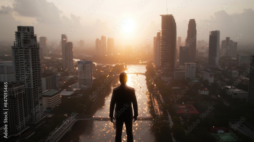 A person standing on the rooftop of a tall building, possibly taking in the view or contemplating life A person standing on the rooftop of a tall building, possibly taking in the view or contemplating life