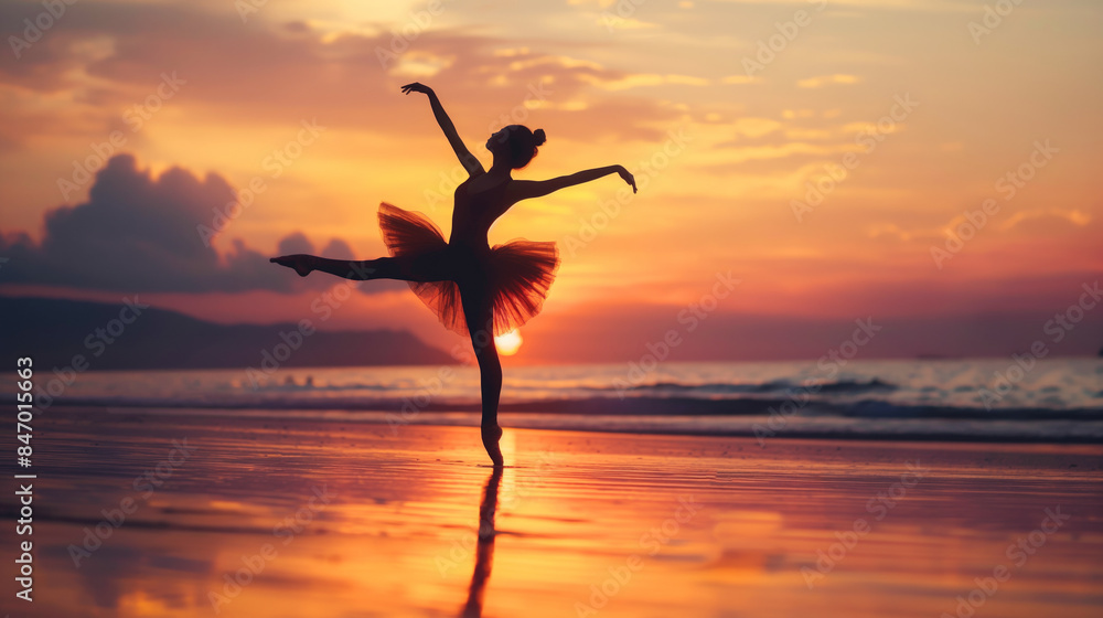 Silhouette of ballerina dancing on beach at sunset. She appears graceful and elegant