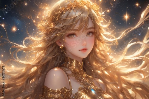 Golden-haired maiden surrounded by a magical starry realm photo