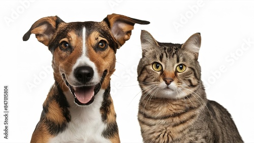 Portrait of happy dog ​​and cat looking at the camera together, friendship between dog and cat, great pet friendliness