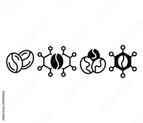 caffeine molecular cell structure with coffee beans icon vector design black white flat illustration sets