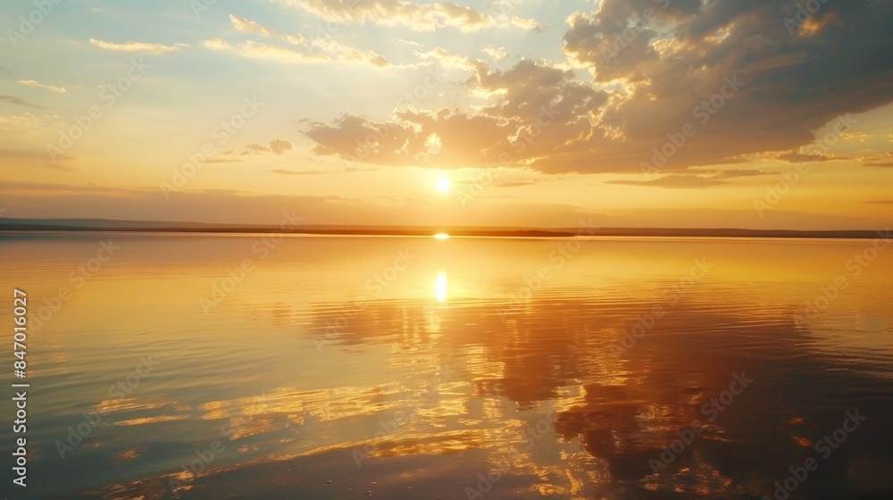 Obraz premium Breathtaking sunset over serene lake with golden sky and clouds reflecting on calm water. Perfect for nature and landscape themes.