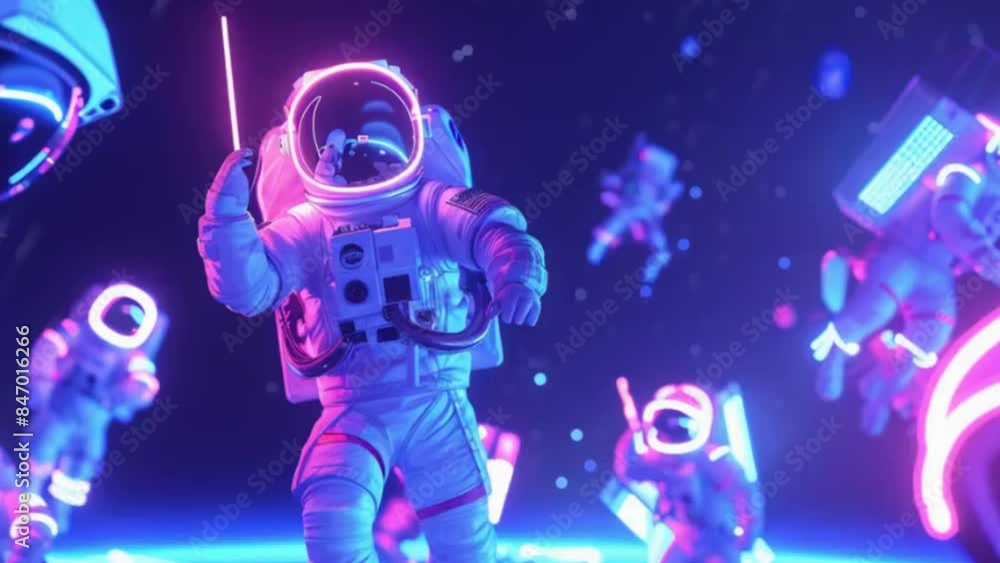 An animation depicting a high-quality neon space exploration. It features astronauts and spaceships illuminated by neon lights, exploring the depths of space An animation depicting a high-quality neon space exploration. It features astronauts and spaceships illuminated by neon lights, exploring the depths of space