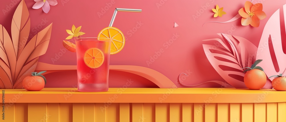 pink cocktail on a bar counter nightlife, paper art style illustration pink cocktail on a bar counter nightlife, paper art style illustration