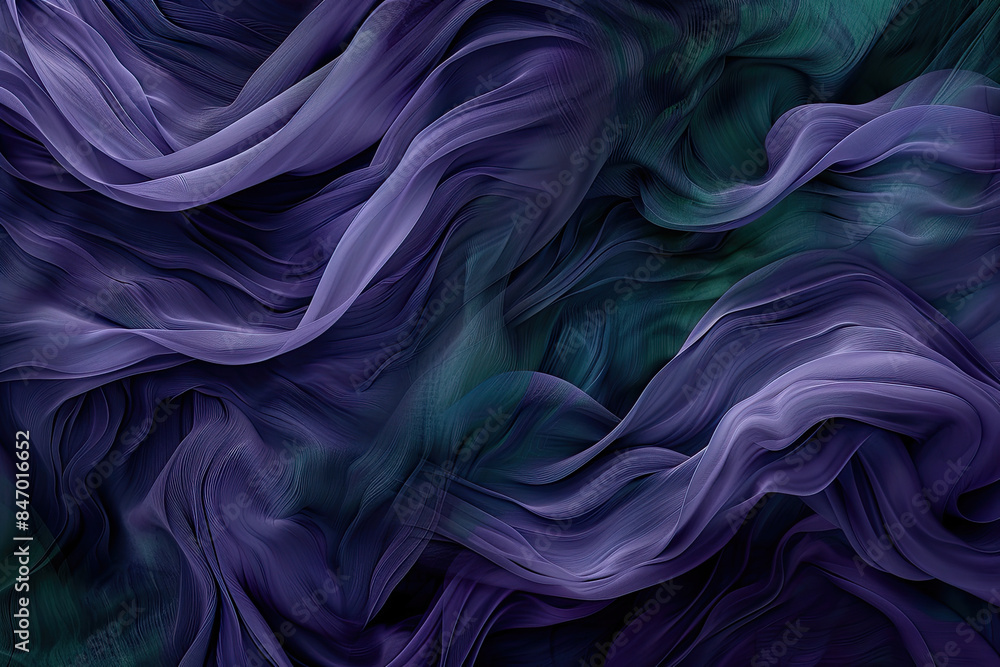 Fototapeta premium Abstract fluid shapes in purple and green against a dark background. Created with Ai