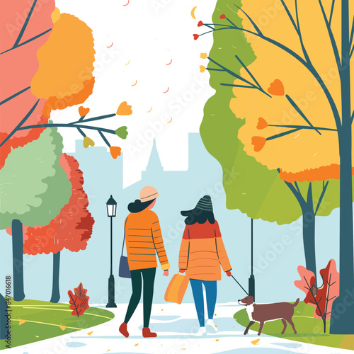 Couple walking dog autumn park, man woman enjoying fall season outdoors stroll pet. Vector illustration two people seasonal outdoor activity, colorful autumnal trees leaves, urban backdrop. Casual