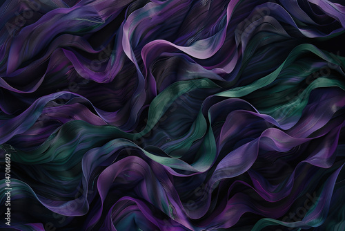 A purple and green background with fluid shapes, smoke like textures. Created with Ai