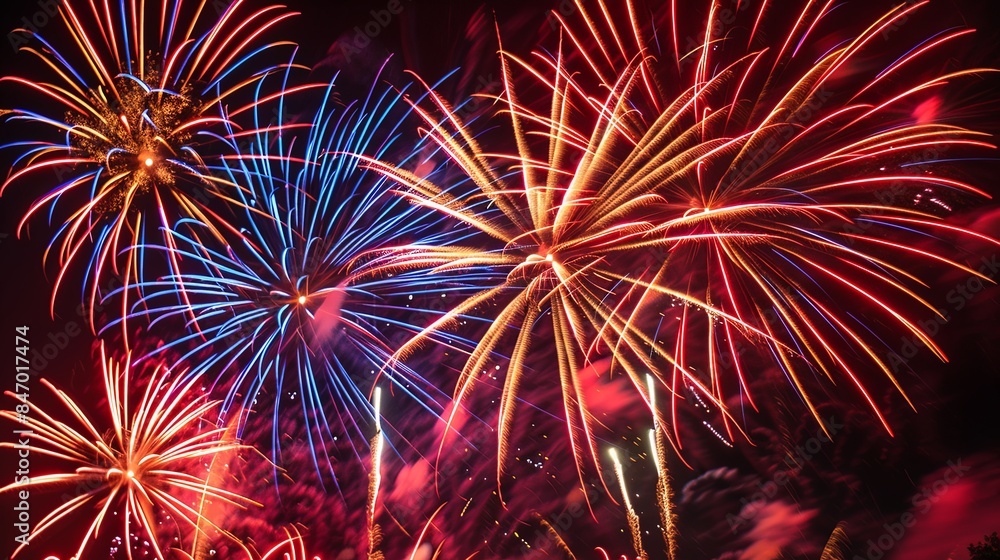 Explosive Red and Blue Fireworks Display Night Sky Explosive Red and Blue Fireworks Display Night Sky
