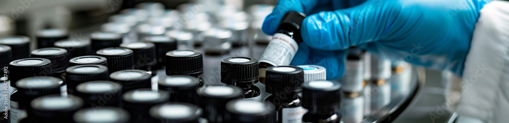 Detailed Process: Blue-Gloved Hand Arranging Vials on Production Line with Copy Space Detailed Process: Blue-Gloved Hand Arranging Vials on Production Line with Copy Space