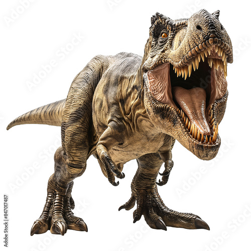Fototapeta Naklejka Na Ścianę i Meble -  The dinosaur Tyrannosaurus Rex or T-rex is standing with powerful jaws in isolated transparent background.