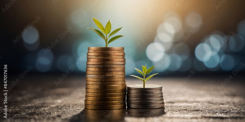 Two stacks of coins with young plants on top, symbolizing financial growth, investment, and savings Two stacks of coins with young plants on top, symbolizing financial growth, investment, and savings
