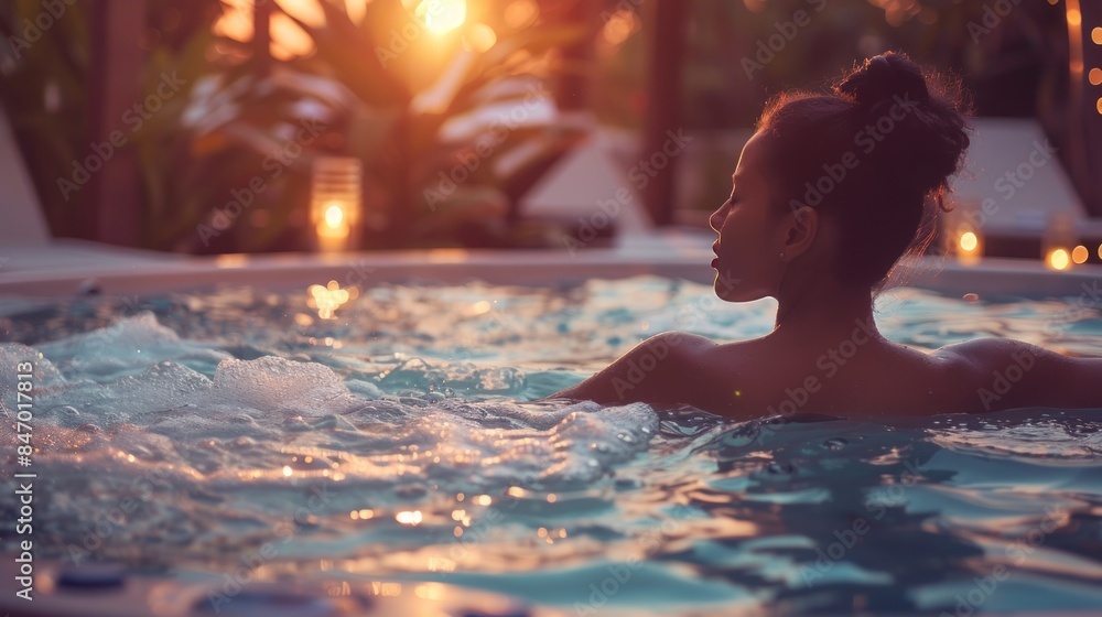 Woman Enjoying a Spa Pool at Twilight, Relaxation Concept Woman Enjoying a Spa Pool at Twilight, Relaxation Concept
