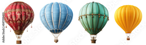 Vintage Hot Air Balloons, Four ornate hot air balloons in various colors, Antique Travel on a transparent background.