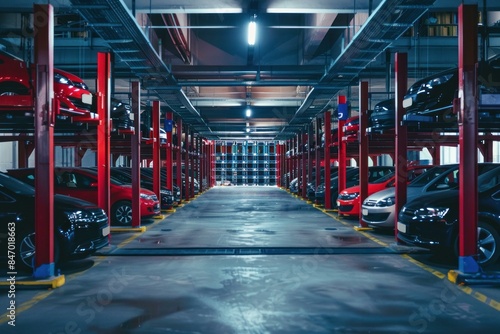 Night view of an illuminated multilevel parking lot with organized rows of parked cars photo