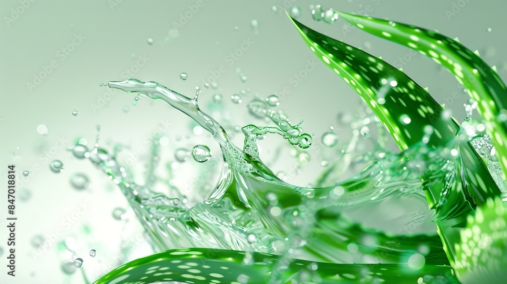 Green aloe vera plant and water droplets on green background. Concept of nature, freshness, skincare ingredients Green aloe vera plant and water droplets on green background. Concept of nature, freshness, skincare ingredients