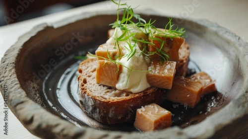 Icelandic national dish Hakarl fermented shark cubes rye bread butter