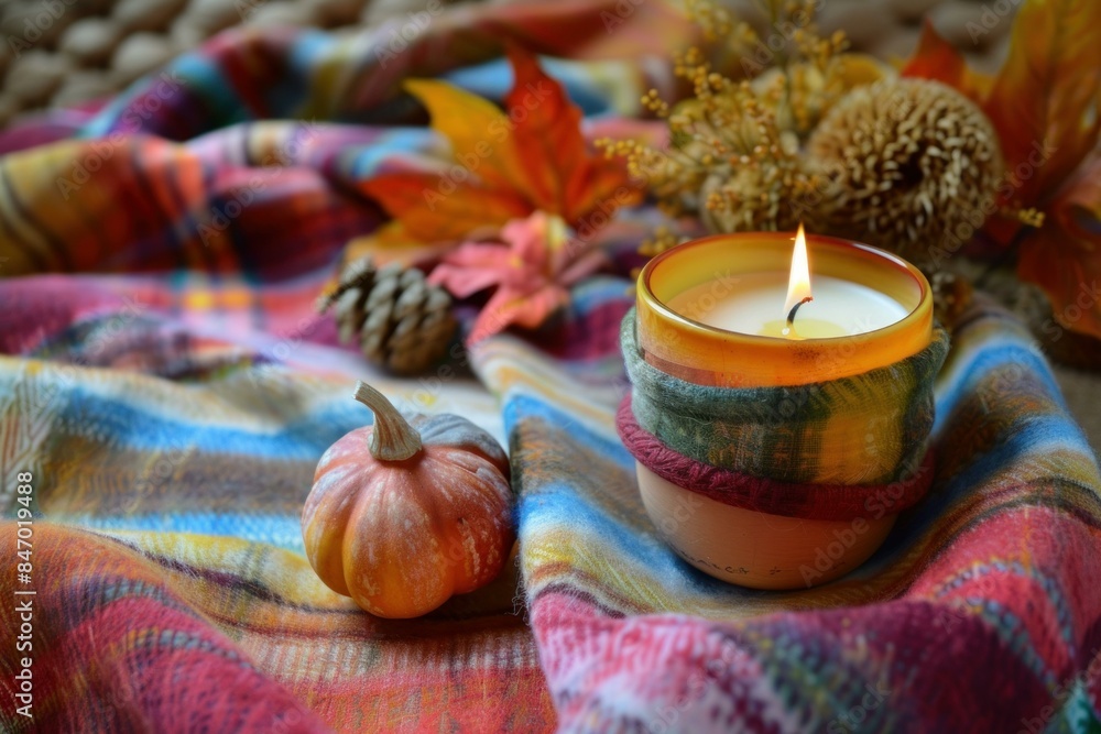 Warm autumn setting featuring a lit candle, small pumpkin, and colorful leaves on a plaid blanket Warm autumn setting featuring a lit candle, small pumpkin, and colorful leaves on a plaid blanket