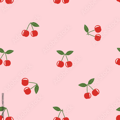 Seamless pattern of red cherry with green leaves on pink background vector.