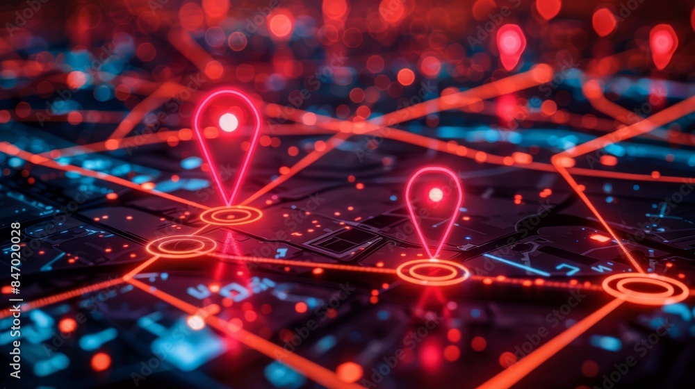 Digital map ai gps, delivery innovation, future transport logistics with dual pins Digital map ai gps, delivery innovation, future transport logistics with dual pins