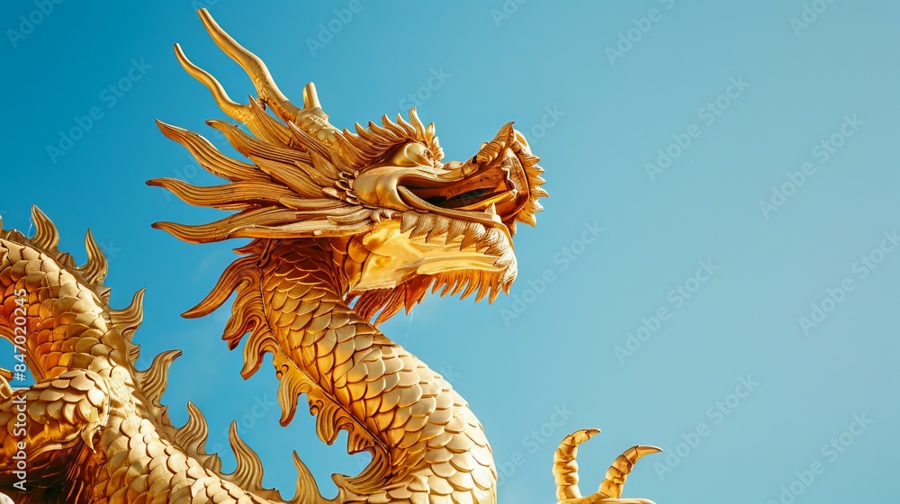 Fototapeta premium Golden dragon statue against a clear blue sky. Concept of mythical creature, dragon sculpture, oriental art, cultural symbol
