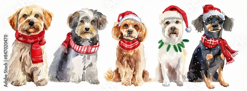 Watercolor illustration of five cute dogs in Christmas attire. Concept of holiday pets, festive artwork, winter celebration, puppies, Christmas. Isolated on white background photo