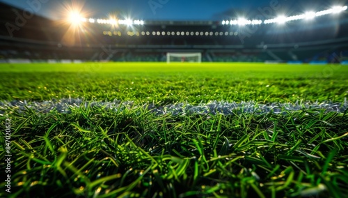 Vibrant Green Soccer Field Under Bright Stadium Lights at Night