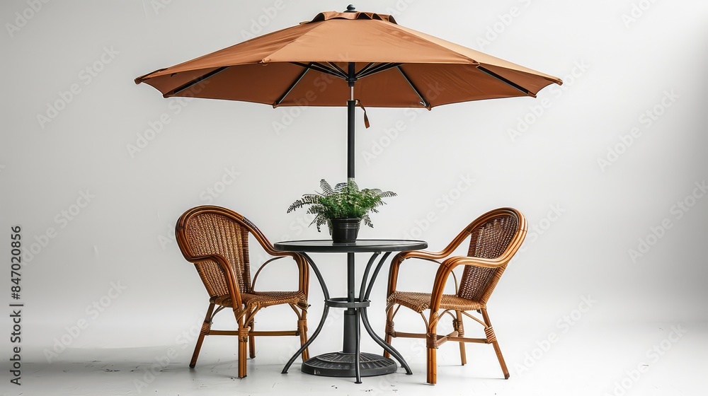 Classic Cafe Setting: Table, Chair, and Parasol Umbrella Isolated on a White Background Classic Cafe Setting: Table, Chair, and Parasol Umbrella Isolated on a White Background