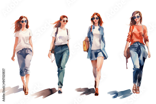 Various types of young women walking Watercolor illustration Quick sketch drawing, 3d illustration, on white background