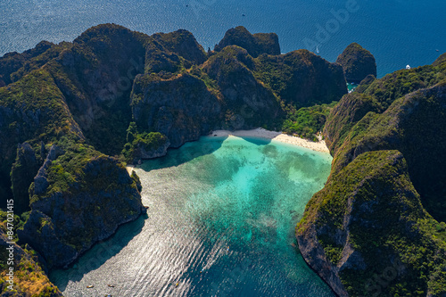 Amazing travel drone photo of landmark of Thailand, Andaman Sea, Krabi. Aerial View from above of Ko Phi Phi Lee with paradise lagoon Maya Bay