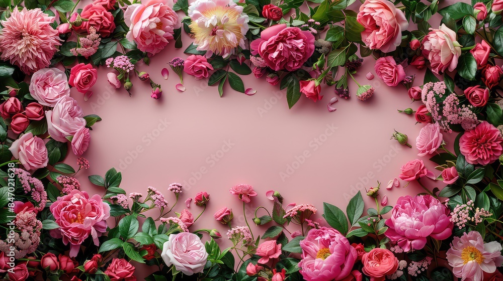 Romantic Floral Frame of Peonies and Roses on Pink Background: Perfect for Wedding Invitations and Women’s Day Celebrations