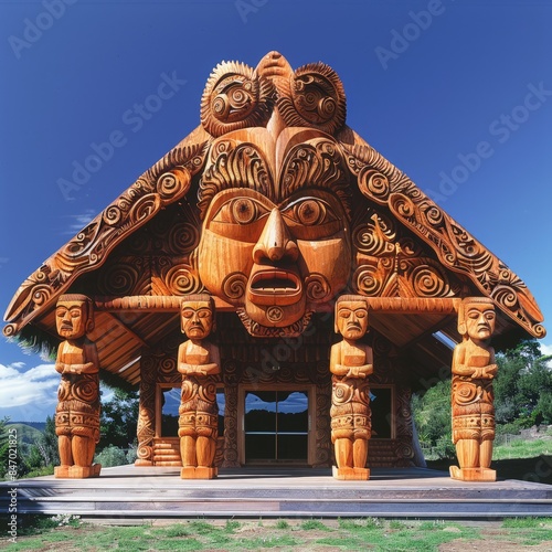 A traditional New Zealand Maori marae with carved wooden structures and open space  photo