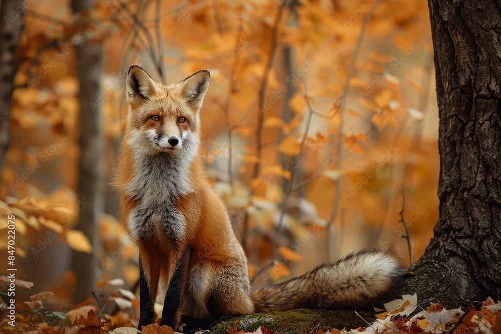 Serene red fox sits among vibrant autumn leaves, exuding wild elegance Serene red fox sits among vibrant autumn leaves, exuding wild elegance