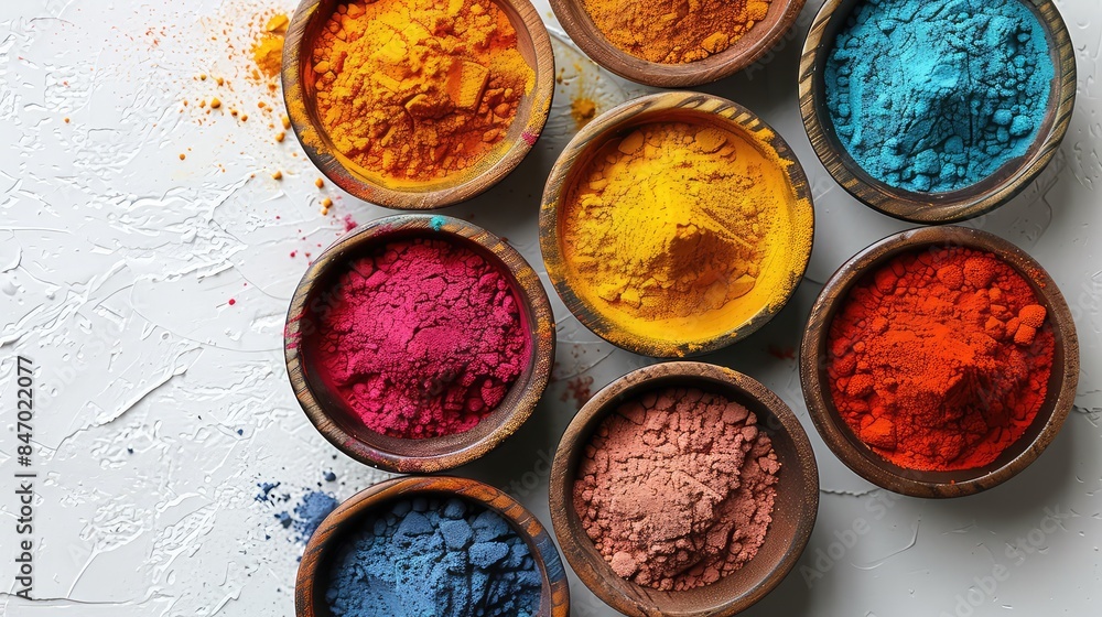 Festival of Colors: Vibrant Holi Powder in Bowls Displayed on a White Background Festival of Colors: Vibrant Holi Powder in Bowls Displayed on a White Background