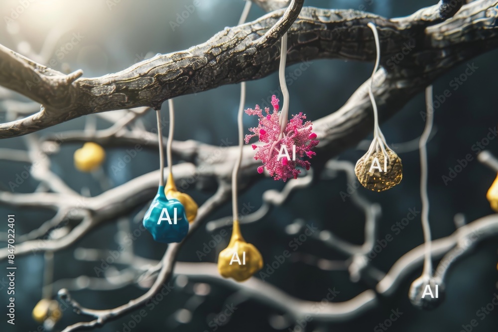 Fototapeta premium AI symbols hanging on tree branches, illustrating the organic integration of artificial intelligence in nature and technology
