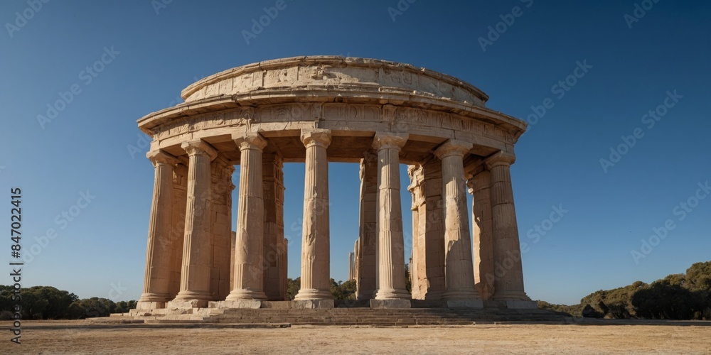 Fototapeta premium Majestic ancient Greek temple with Doric columns standing resilient under a vast blue sky with no clouds