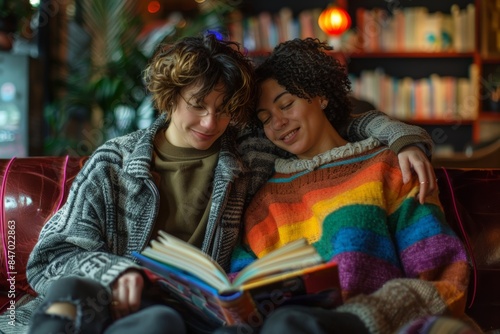 Two women reading book together in cozy cafe, wrapped in rainbow sweater. One with curly hair, other with glasses. Scene highlights LGBTQ+ pride, love, and warmth in a supportive setting.