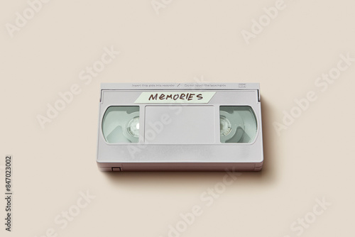 Grey retro video cassette with inscription Memories lying in studio