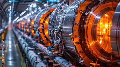 A futuristic industrial setting with a long line of glowing orange tubes. The image evokes a sense of technology and innovation.