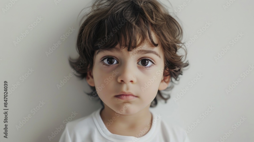 Young boy wearing a white shirt and having brown hair, suitable for use in illustrations or photography Young boy wearing a white shirt and having brown hair, suitable for use in illustrations or photography