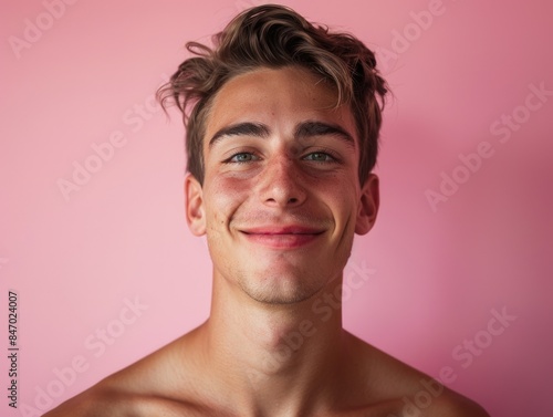 A close-up shot of a shirtless man standing against a bright pink wall, perfect for fashion or lifestyle concepts