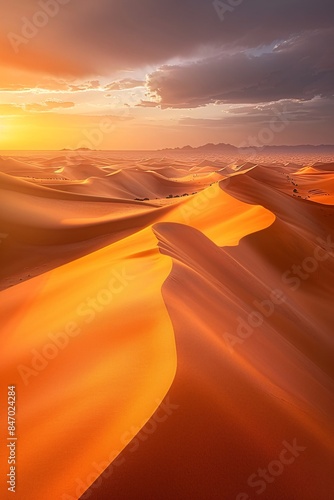 The setting sun casting long shadows over a desert landscape of rolling sand dunes photo