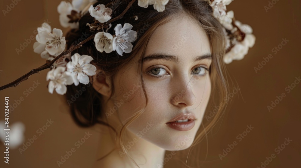 A portrait of a woman wearing a flower crown and smiling A portrait of a woman wearing a flower crown and smiling