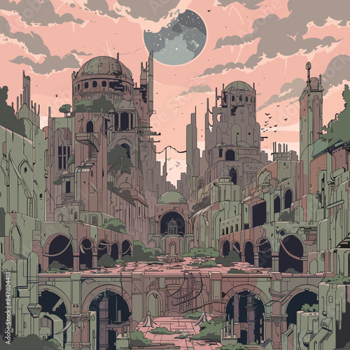Futuristic cityscape illustration depicting dilapidated architecture under pink sky large moon stars. Ruined buildings arches convey postapocalyptic world no visible inhabitants. Scifi concept art